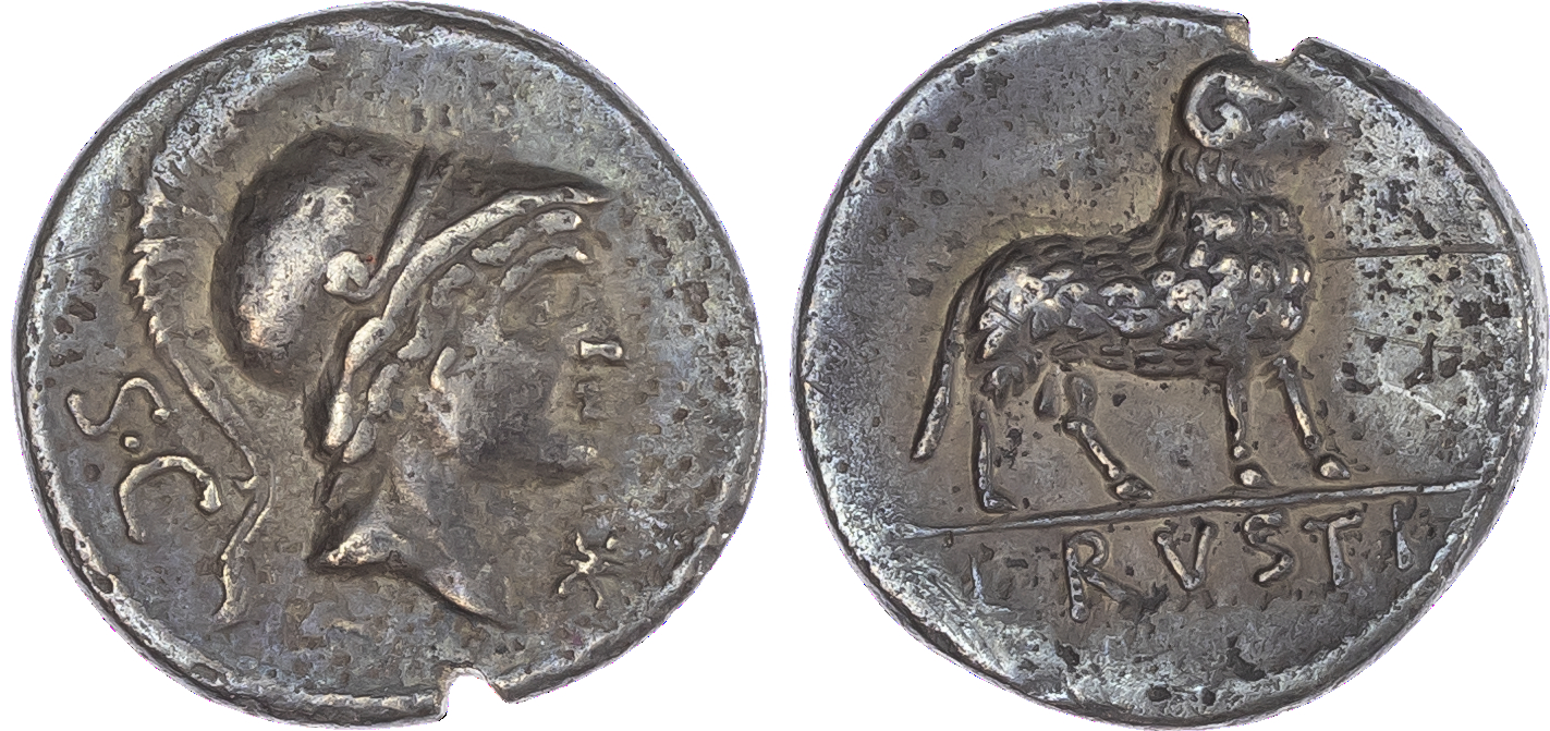 L. Rustius (74 BC) AR Denarius, Rome, 3.75g. Helmeted head of Minerva facing right, S•C behind, star to right. Rev. Ram