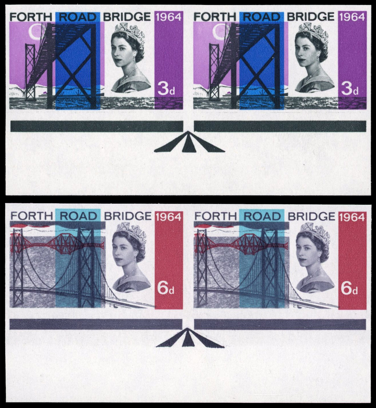 Great Britain 1964 3d-6d Opening of Forth Road Bridge, Set of Two Horizontal Pairs, BPMA Imprimatur, SG 659/60