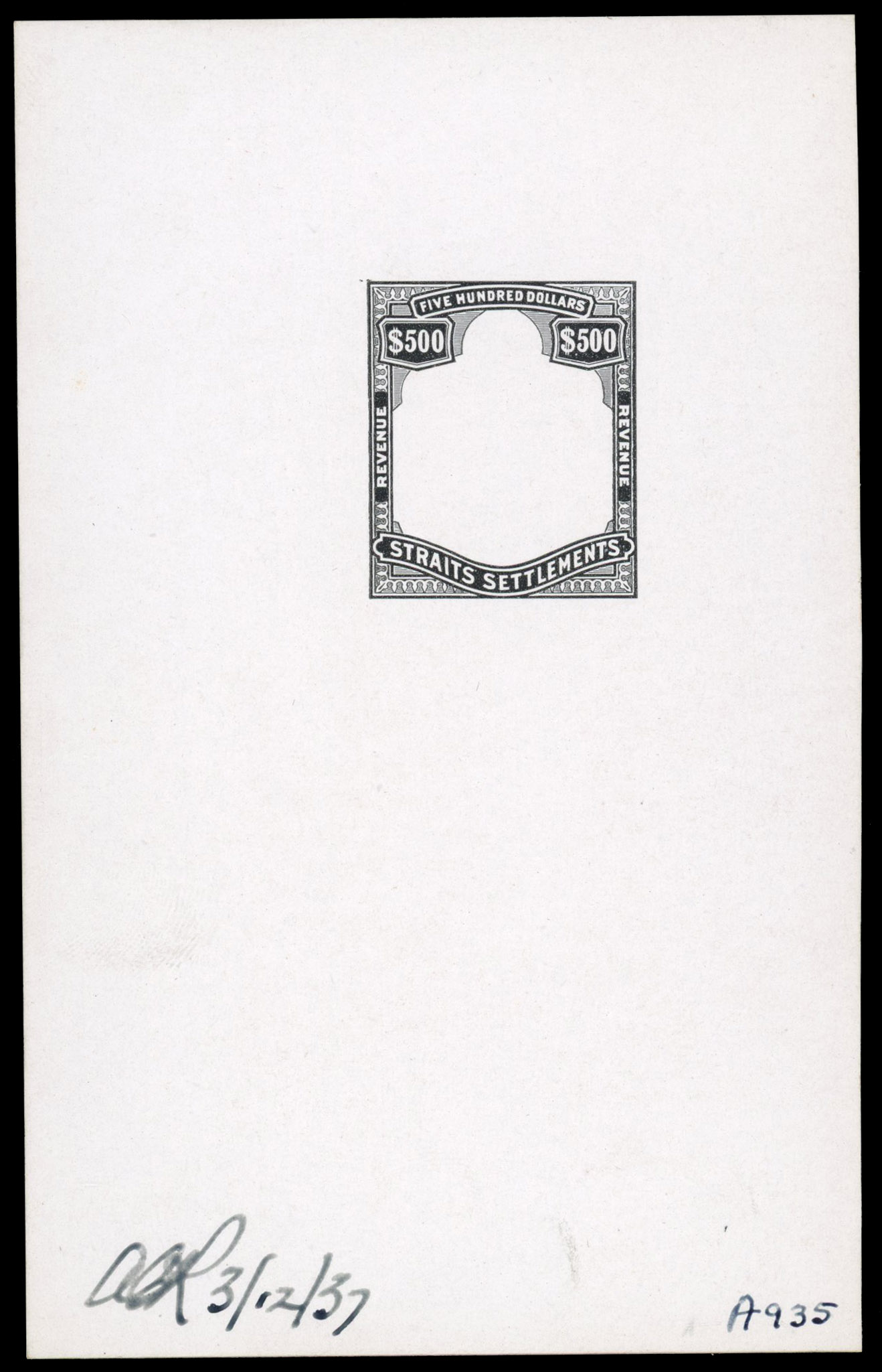 Straits Revenue 1938 $500 REVENUE-REVENUE Die Proof