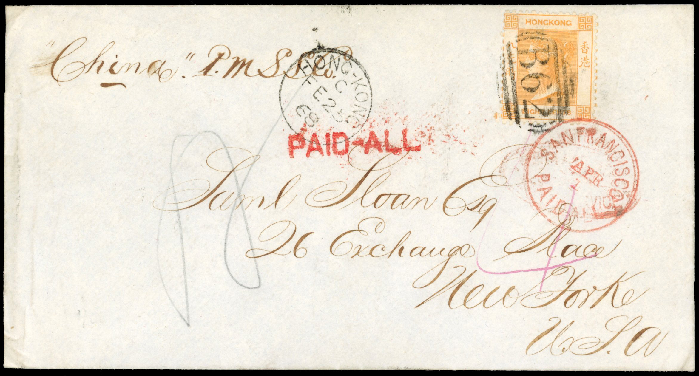 Hong Kong 1868 cover to New York, USA SG 11 