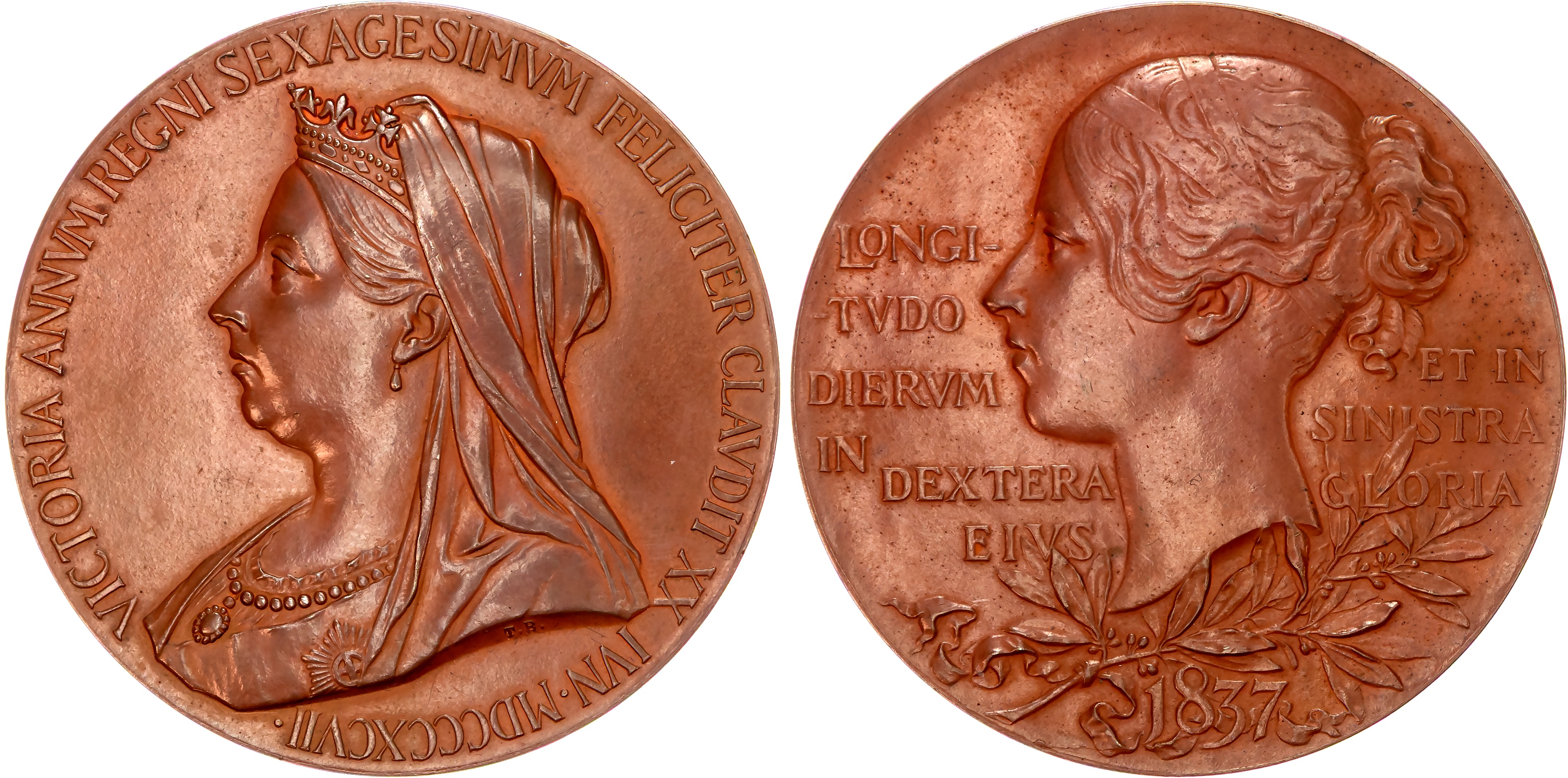 Victoria 1837-1901, Diamond Jubilee 1897, Ae medal (56mm/73.48gm) 1897 by G.W. De Saulles after T. Brock and William Wyon.