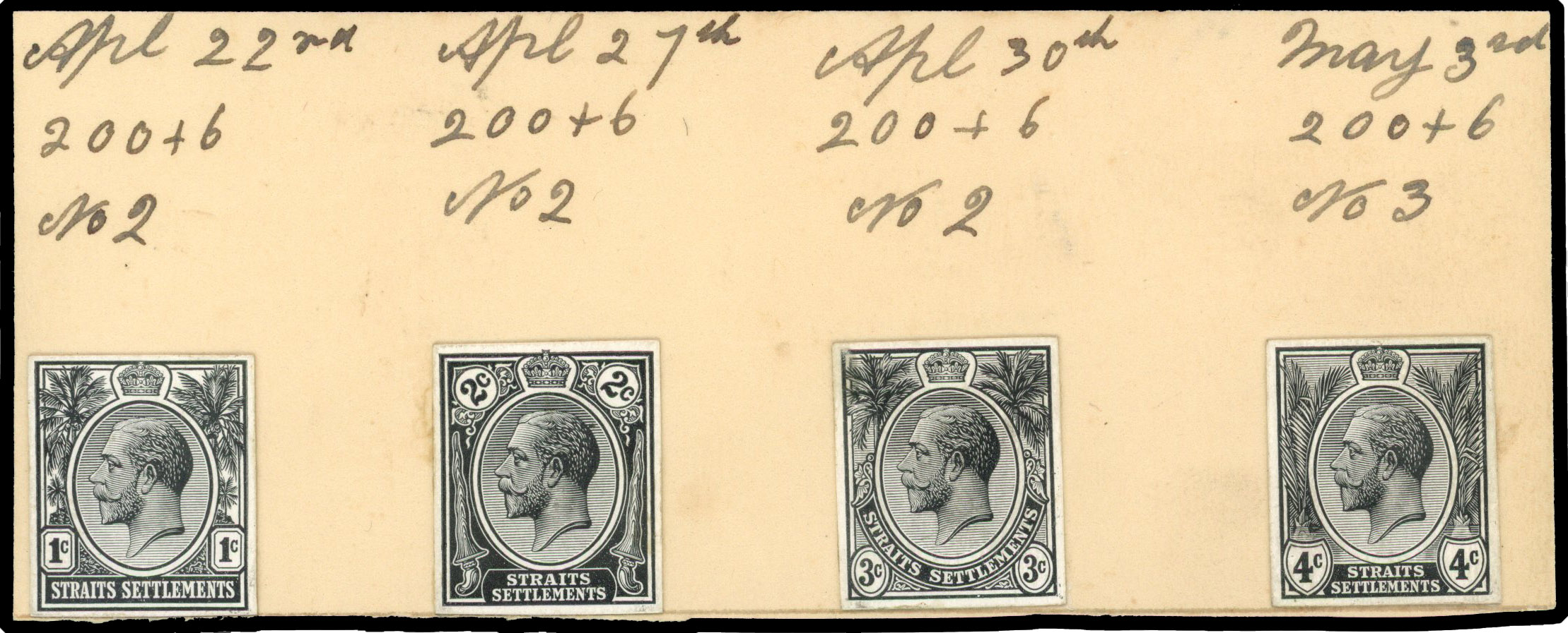 Straits Settlements 1921-33 1c to 4c cut-down die proofs