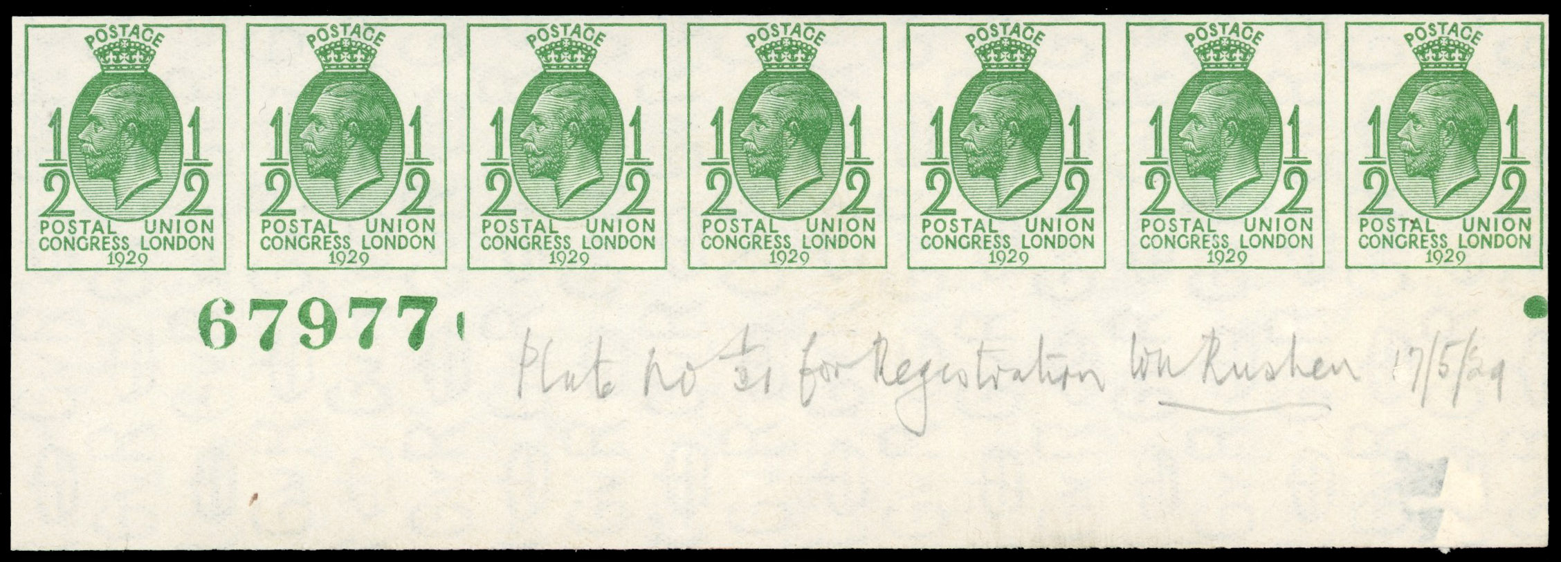 GB 1929 PUC ½d coil imperf BPMA strip of 7 U/M