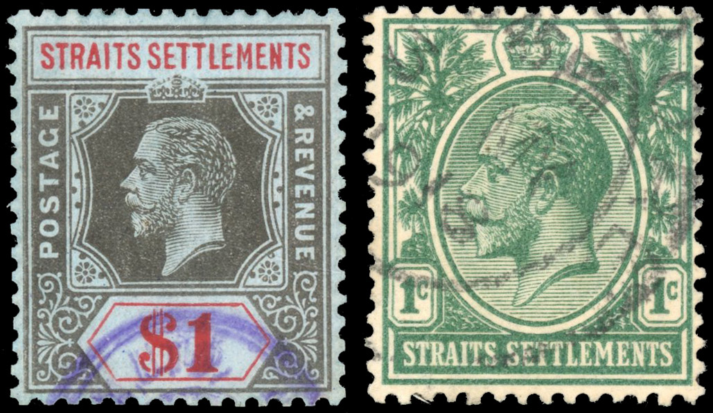 Straits Settlements 1912-23 watermark Crown CA inverted 1c and $1 used
