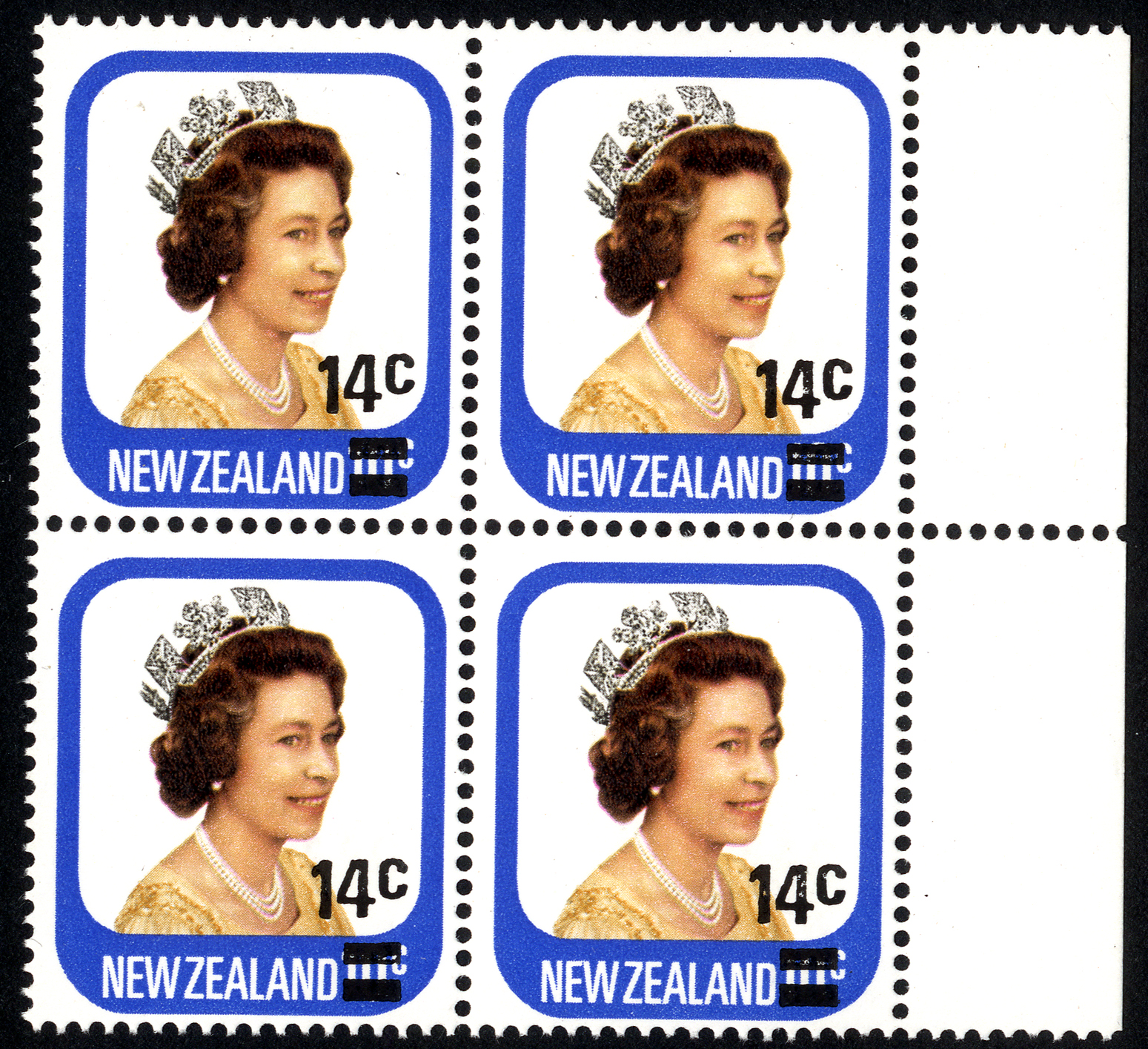 1979 14ct on 10ct Queen's portrait, u/m marginal block of four showing surcharge double, one albino on each stamp. SG...