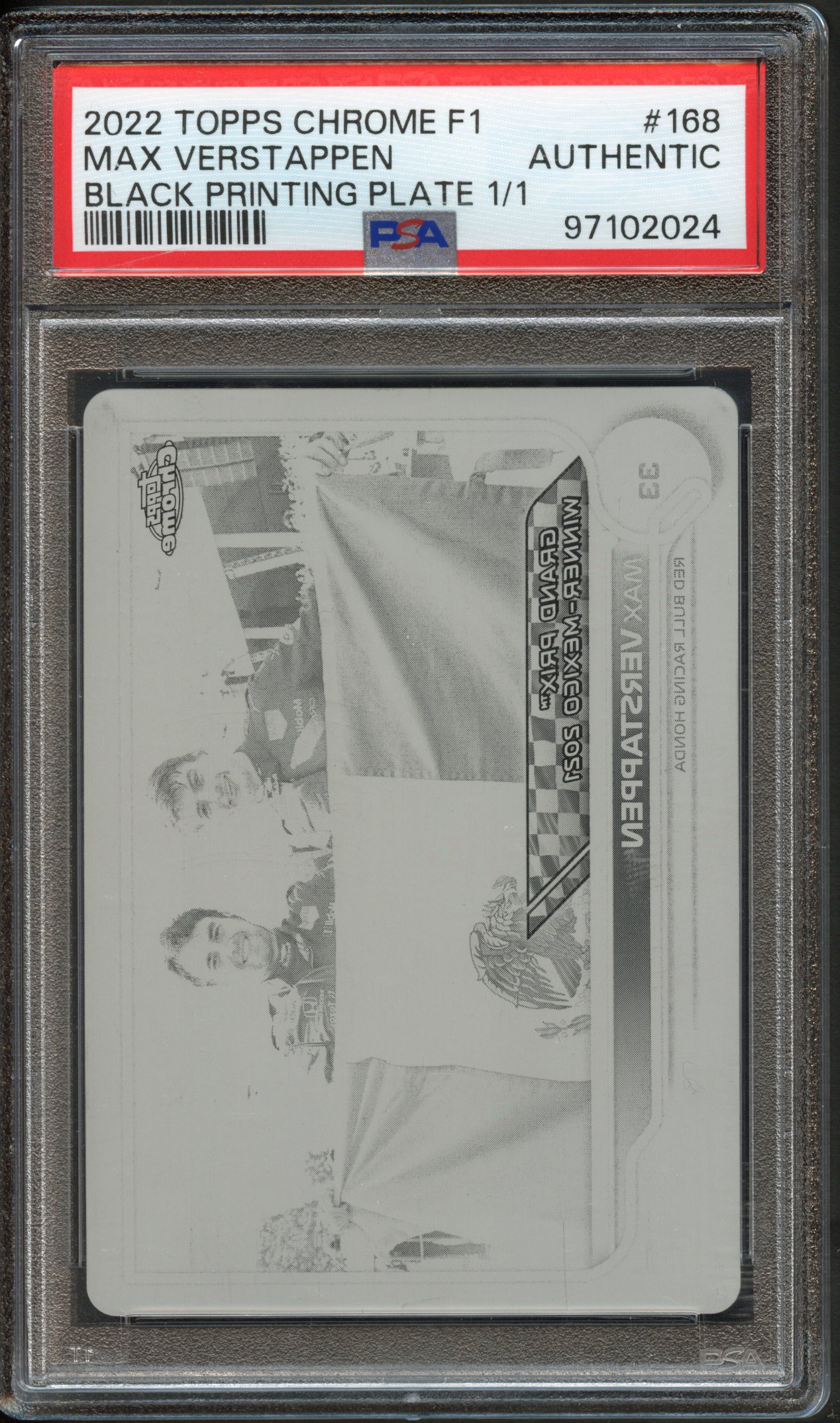 <p>2022 Topps Chrome F1 Max Verstappen Black Printing Plate 1/1 #168 PSA Authentic</p>