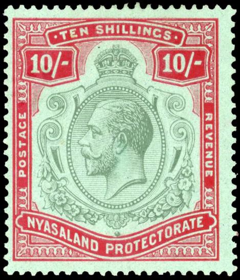 Nyasaland SG 96d 1913 10/- nick in top right scroll mint