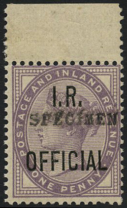 1882 1d Lilac, Die II (I.R. Official). Superb unmounted o.g. top marginal example, overprinted "SPECIMEN" type...