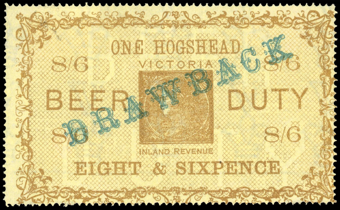 Victoria Beer Duty 1881 8s6d overprinted DRAWBACK unused