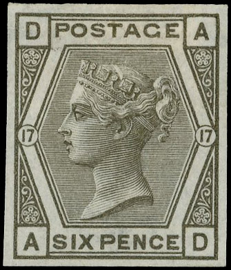 1880 6d Grey Pl.17 (Wmk. Spray). Very fine unused o.g. imperforate imprimatur lettered AD. Scarce; one of only 22 possibl…
