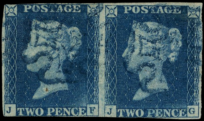 1840 2d Blue Pl.2. (JF-JG). Used horizontal pair Blue MC's