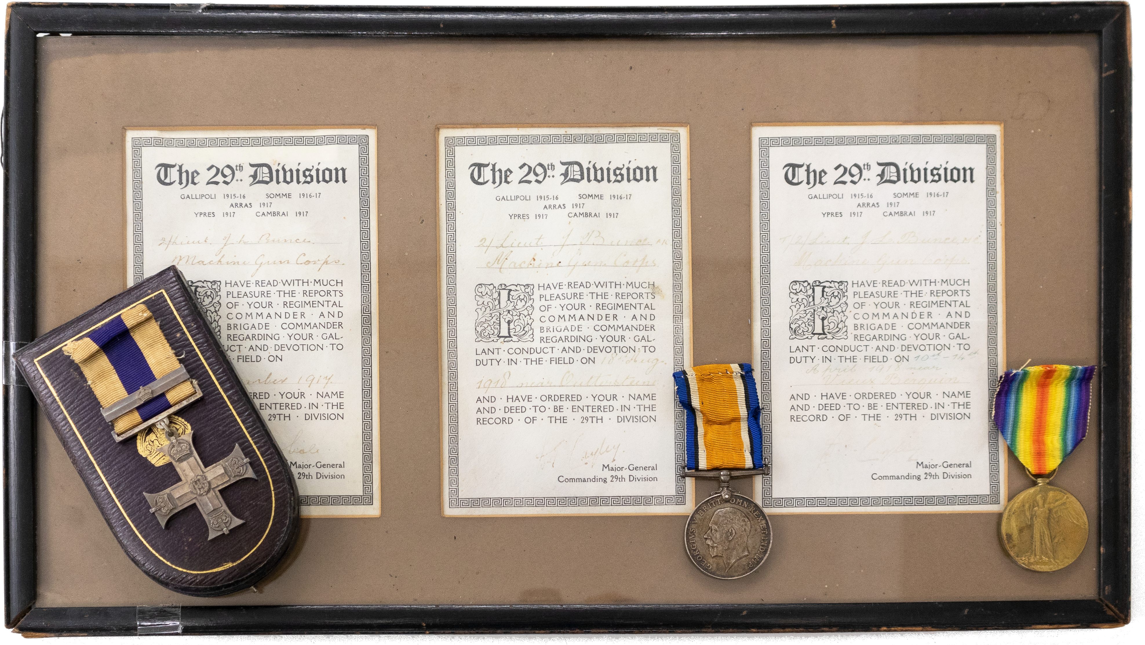 Fighting Citations, 29th Division, Machine Gun Corps, Military Cross and Bar awarded to 2nd Lieutenant John Leslie Bunce