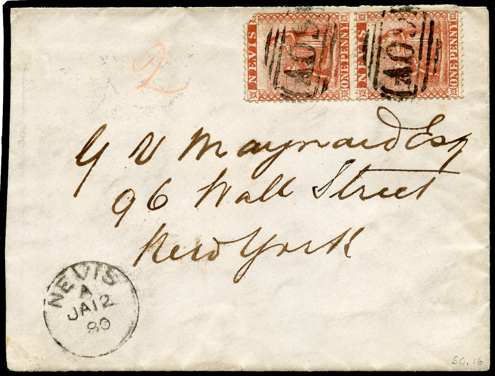 Nevis SG 16 pair on cover to New York