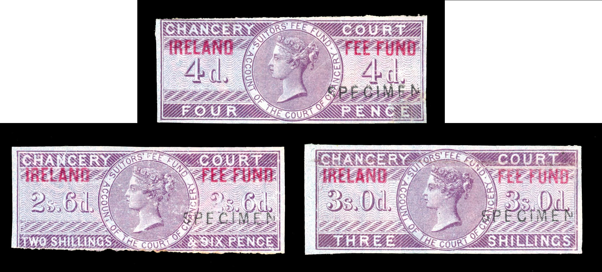 Ireland Chancery Fee Fund 1867 4d, 2/6d, 3/- Plate Proofs