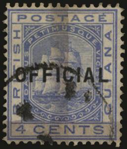 BRITISH GUIANA SG 147 1878 (23 Nov) (1c) on 4c blue "OFFICIAL", one horiz bar and one vert bar, used part rural cds