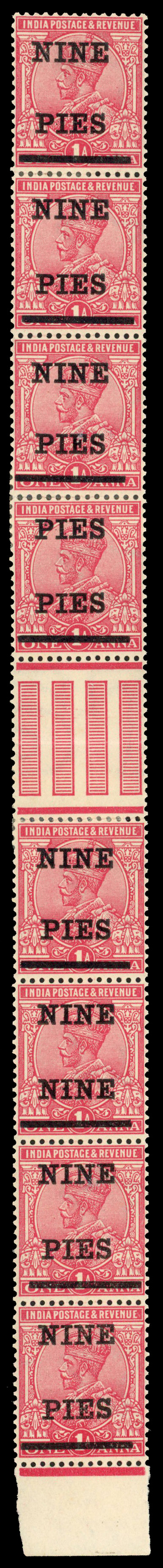 India 1921 9p on 1a strip of 8 error PIES PIES and NINE NINE