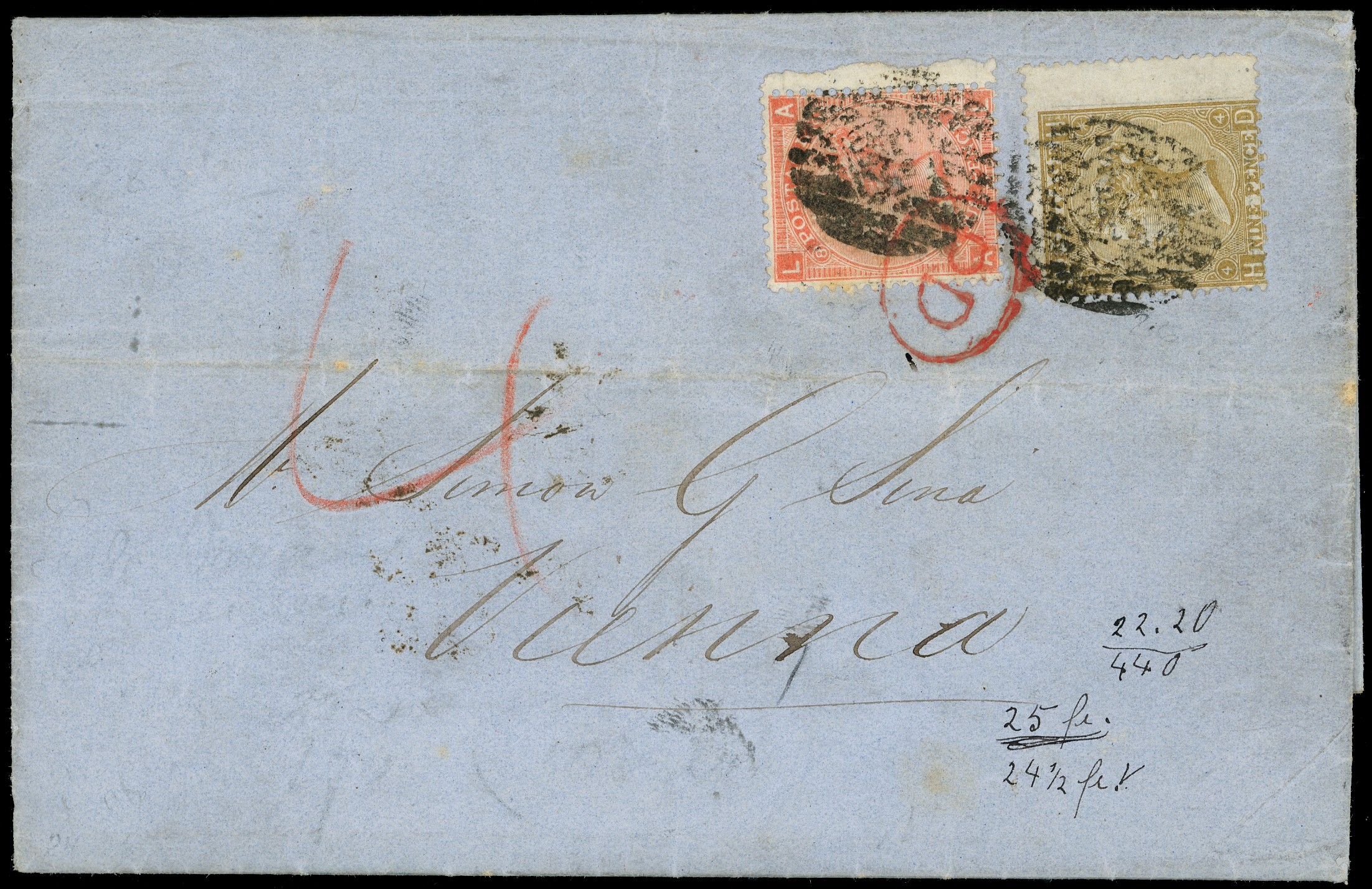 1864 Samuel Montagu & Co. unofficial underprint type 47 (Letters 1½mm), in black on 4d & 9d straw on cover to Vienna