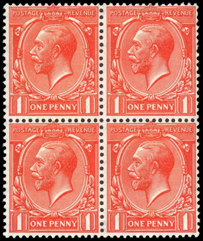 GB 1912-24 Royal Cypher 1d bright scarlet-vermilion, mint unmounted o.g. block of four in an outstanding deep shade.
