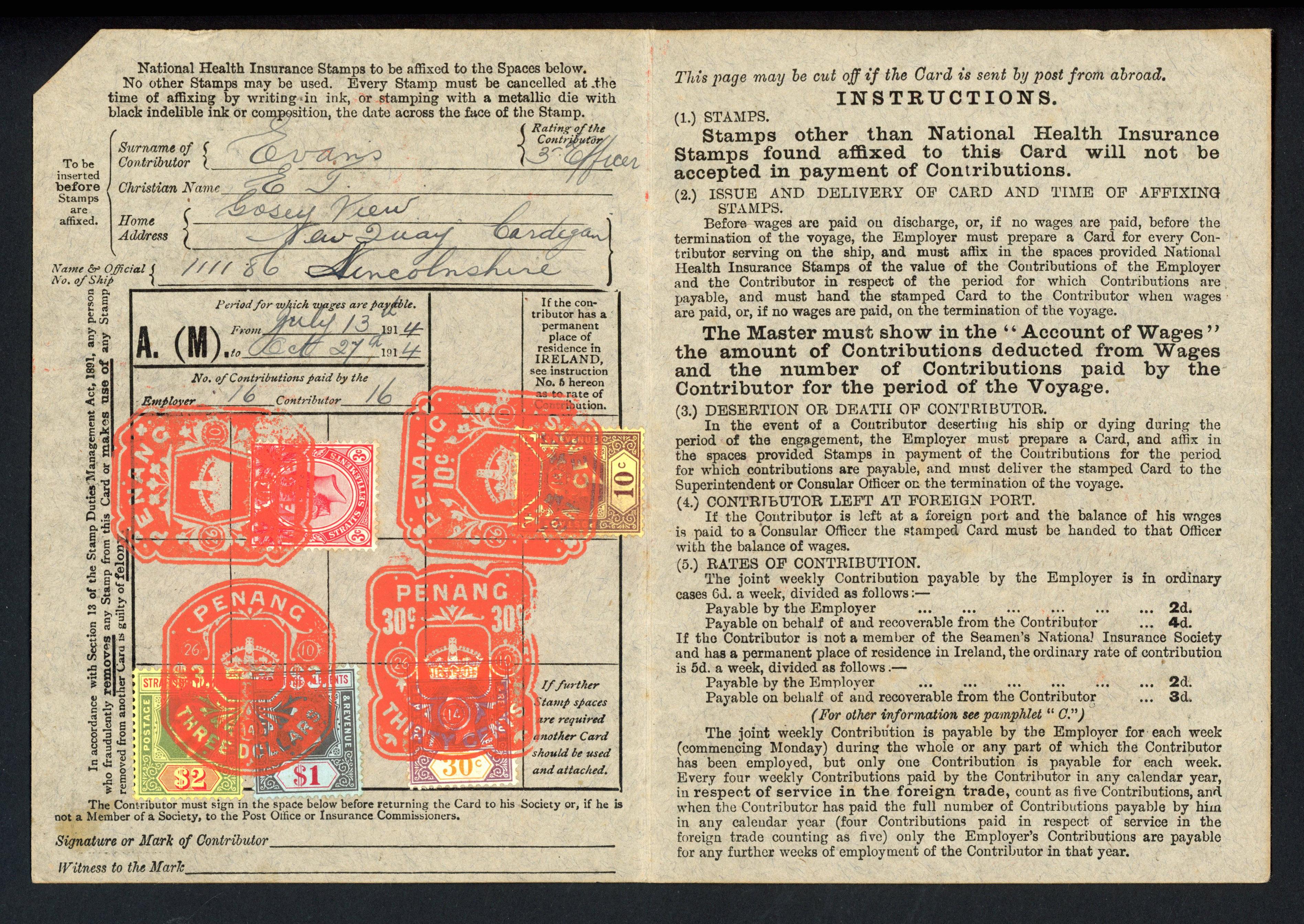 Straits Revenue 1914 use of postage stamps on a National Health Insurance card