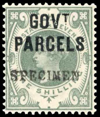 GB: GOVERNMENT PARCELS: 1887-90 Jubilee 1s dull green overprinted ‘SPECIMEN (Type 9), mint