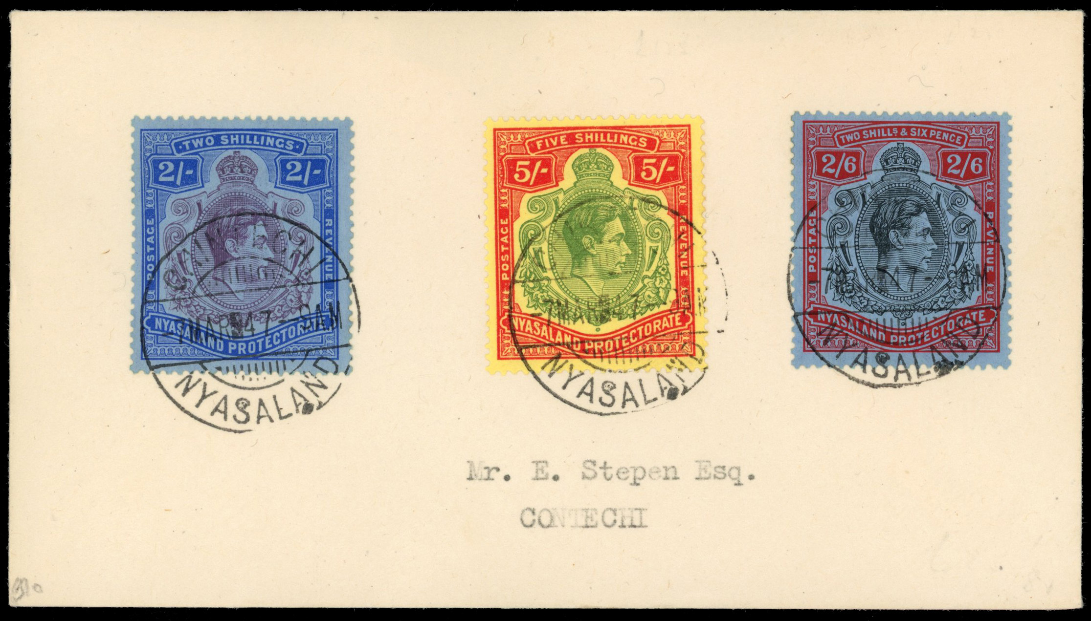 Nyasaland SG 141a 1947 cover with 1944 5s