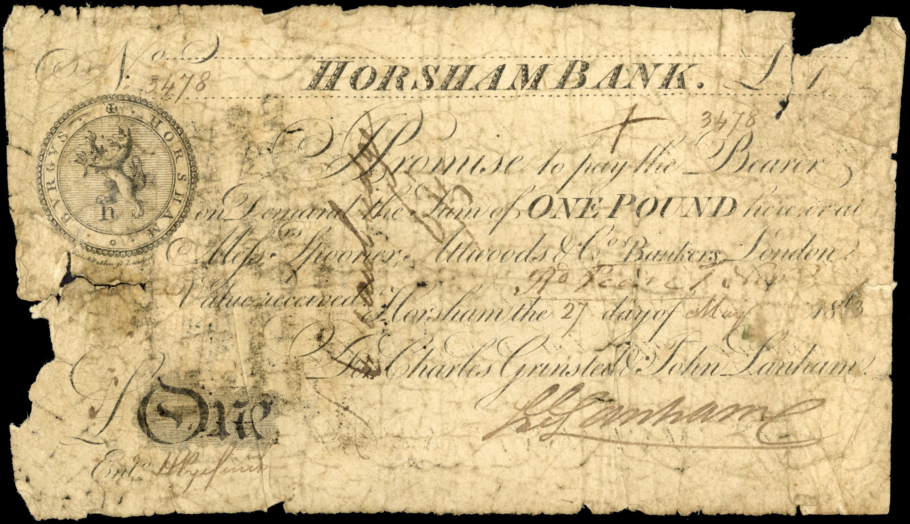 HORSHAM, Horsham Bank for Charles Grinsted and John Lanham, £1.,8 May 1813, serial number 2228, Charles Grinst…