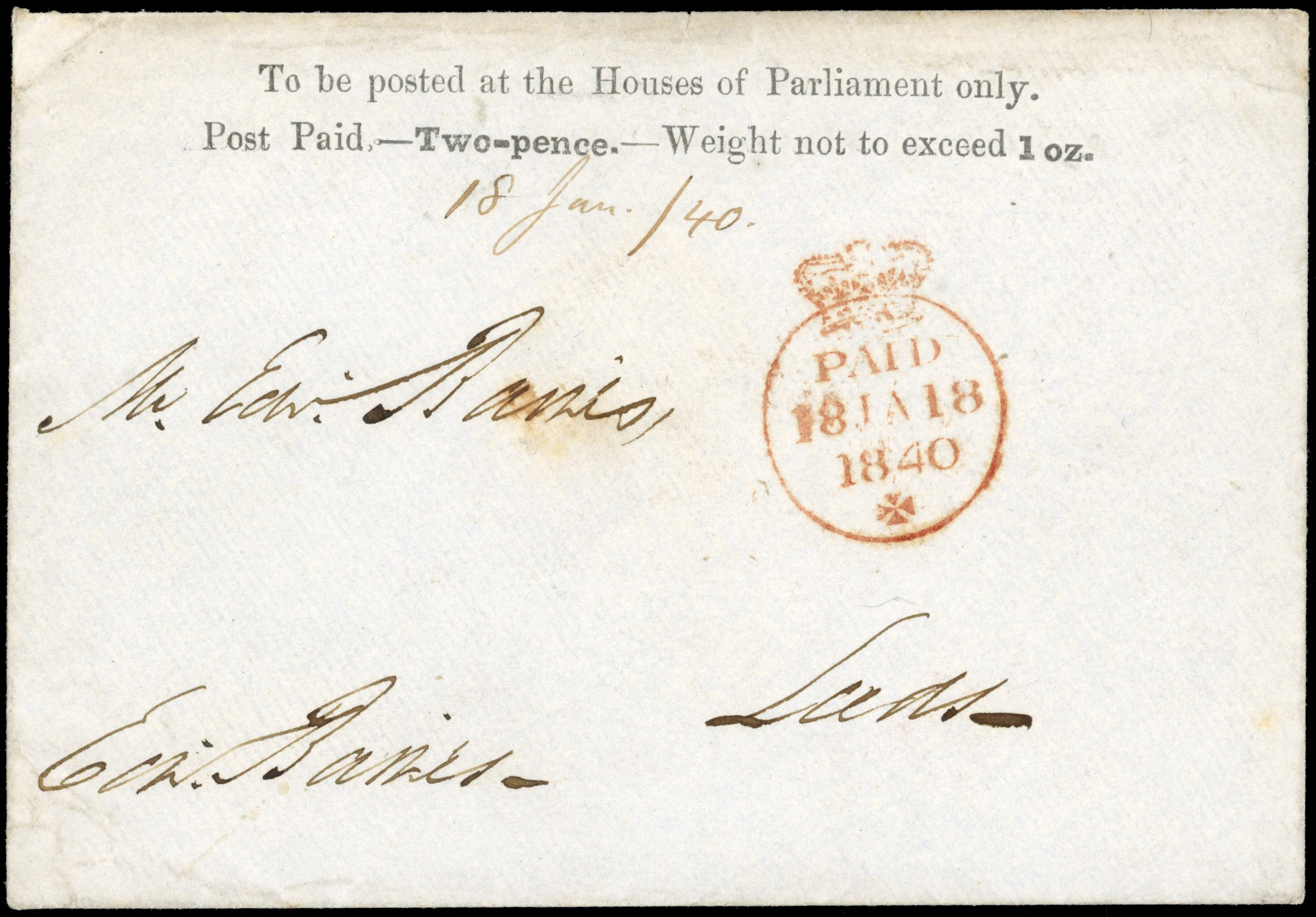 GB SG PE3 1840 2d House of Parliament envelope used 
