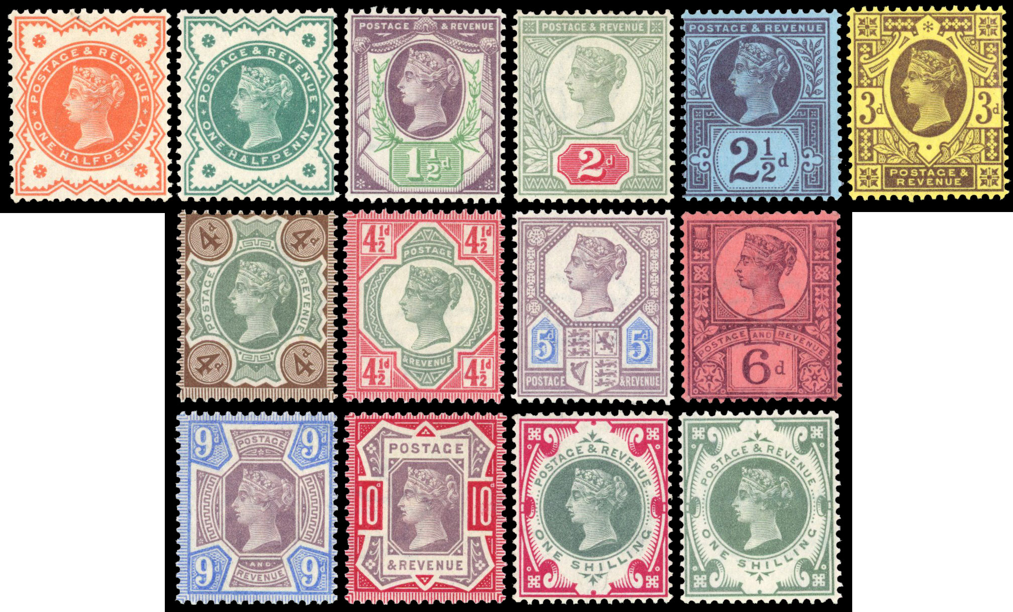 1887 Jubilee set to 1s (both), 3d and 9d with creases, otherwise unmounted o.g. and 1924 block cypher set to 1s