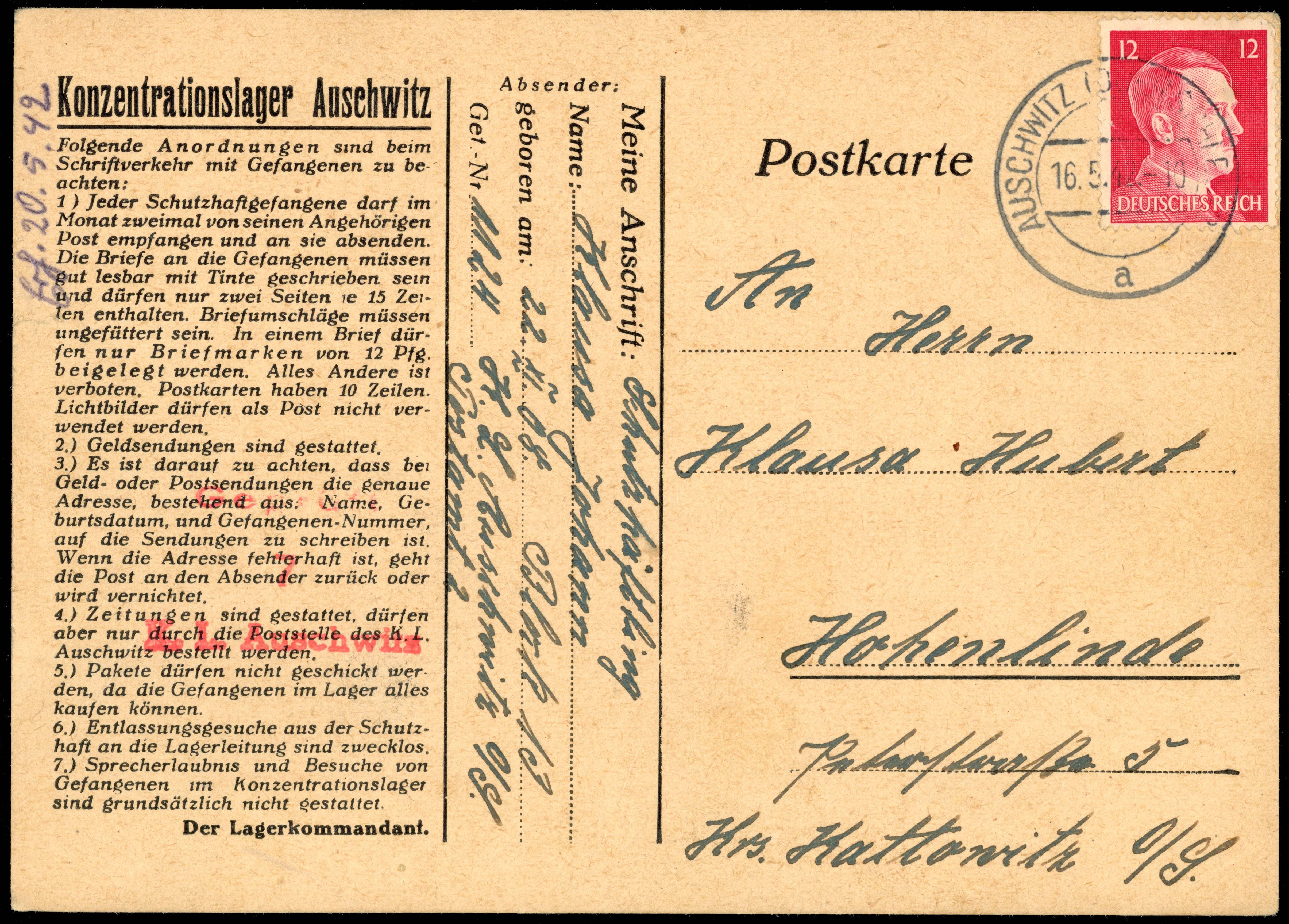<p>1942 Auschwitz Concentration Camp postcard</p>