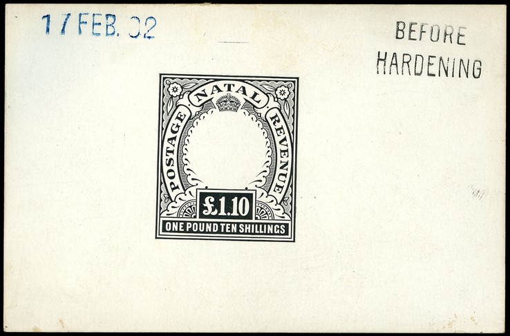 1902 Die Proof of £1/10/- Duty Plate in black on glazed card 93 x 60mm, dated 17 FEB. 02 in blue and marked BEFORE...
