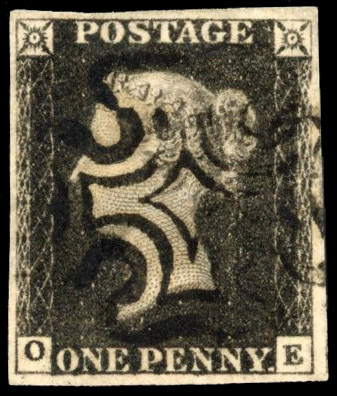 GB 1840 1d black, plate 5 (OE) four margins MX used