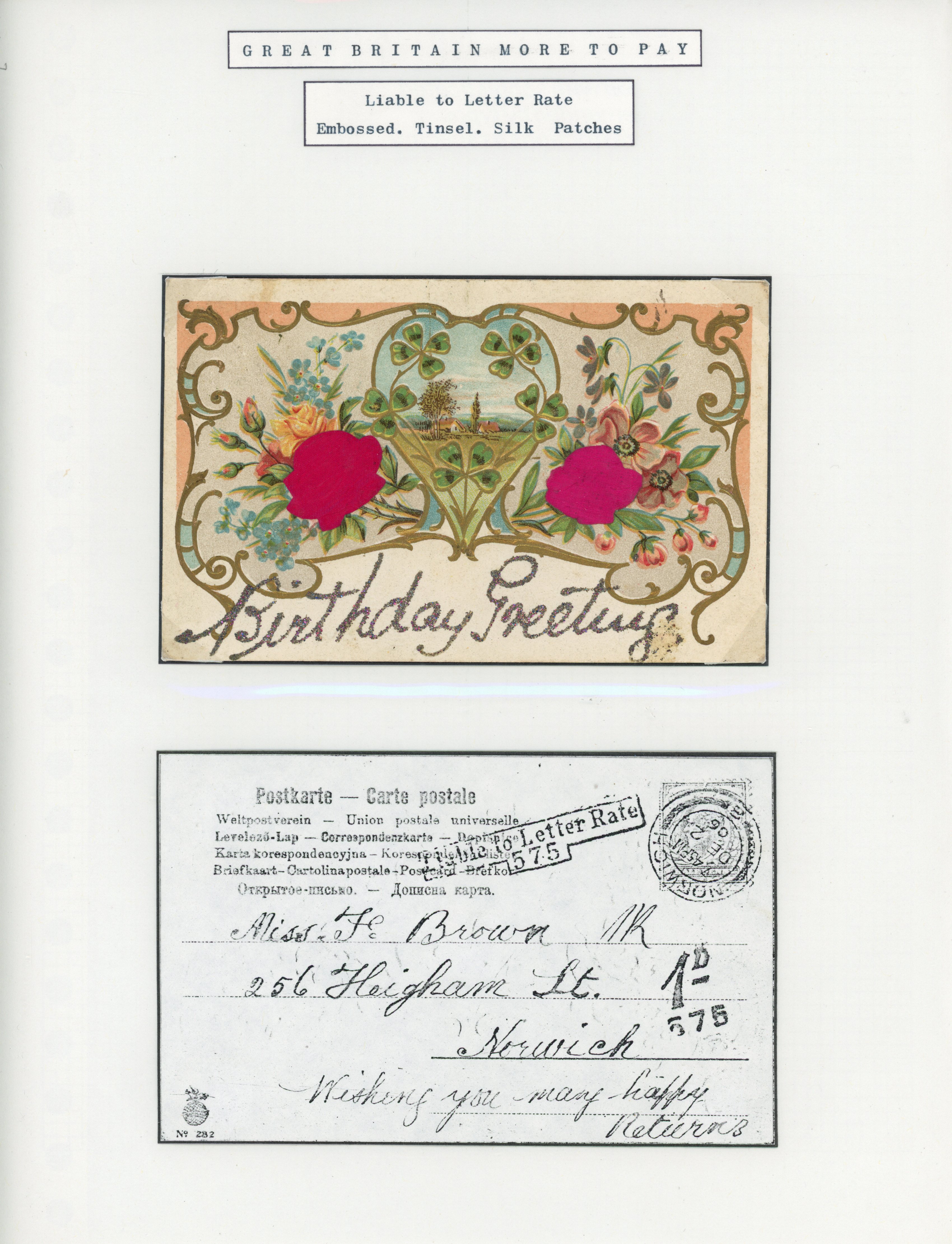 Great Britain 1906 novelty birthday postcard with embossing, tinsel, and silk attached