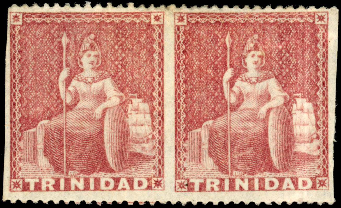 Trinidad 1860 (1d) rose-red, horizontal pair, variety imperf vertically, SG 46a