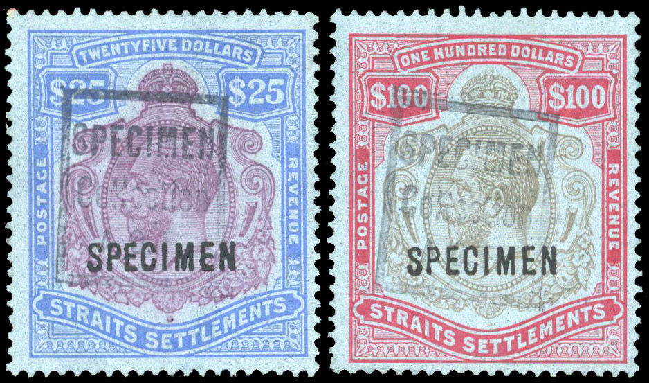 Straits Settlements 1921-33 $25, $100 Script wmk opt Specimen and French West Africa receiving h/s