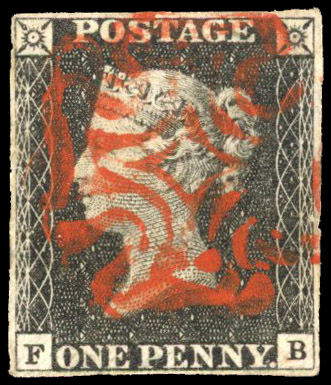 GB: 1840 1d black, Plate 2 (FB), four margins, struck by bold, red MC SG 2