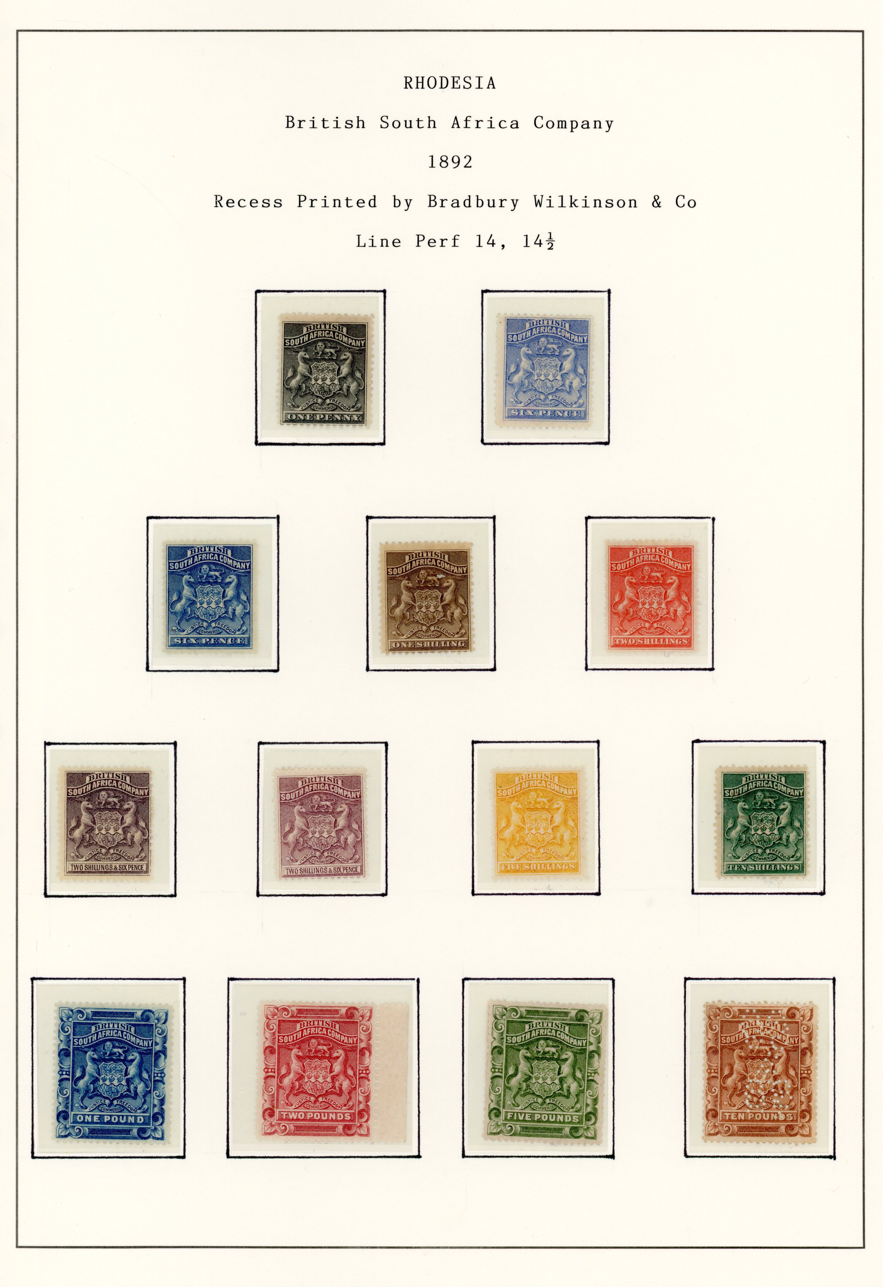 Rhodesia SG 1-13 1892 representative set 'mint'