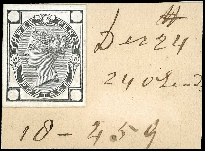 1874 3d Rose Pl.18. Very fine striking book piece printed in black with void corner letters on white glazed card, mounte…