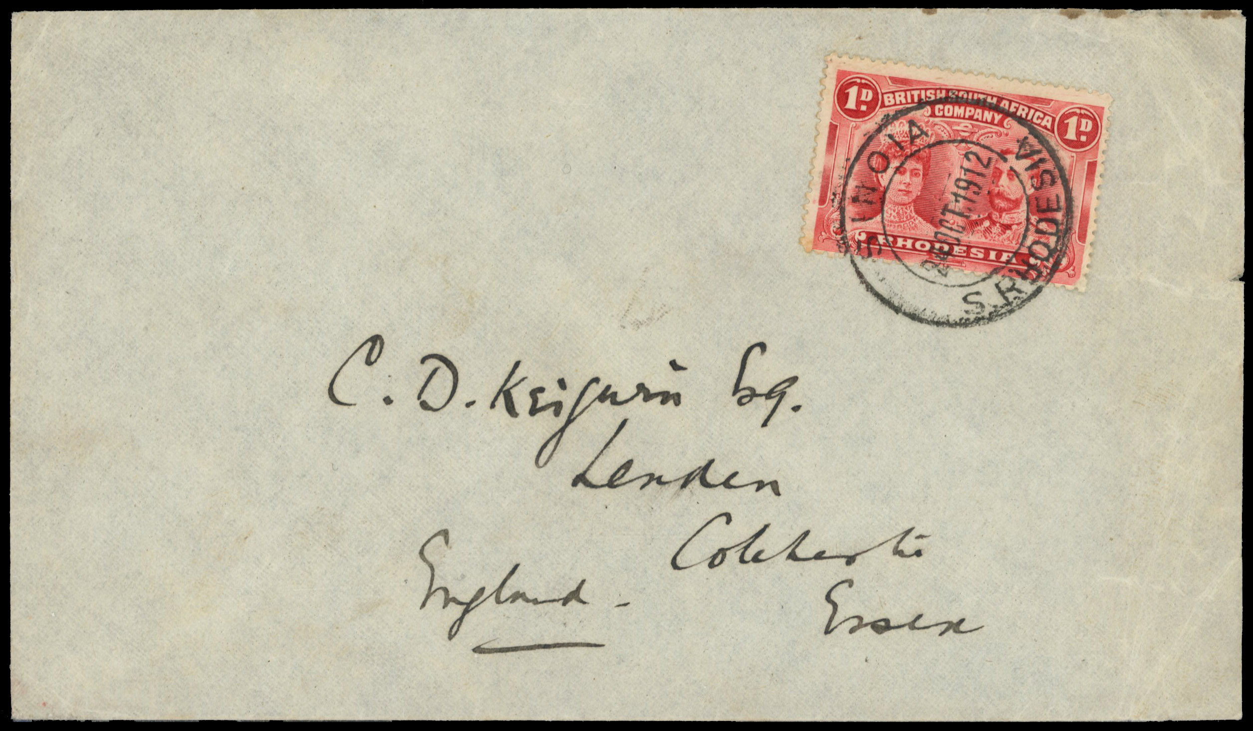 1d bright carmine perf 13½ SG 183 on cover to Essex