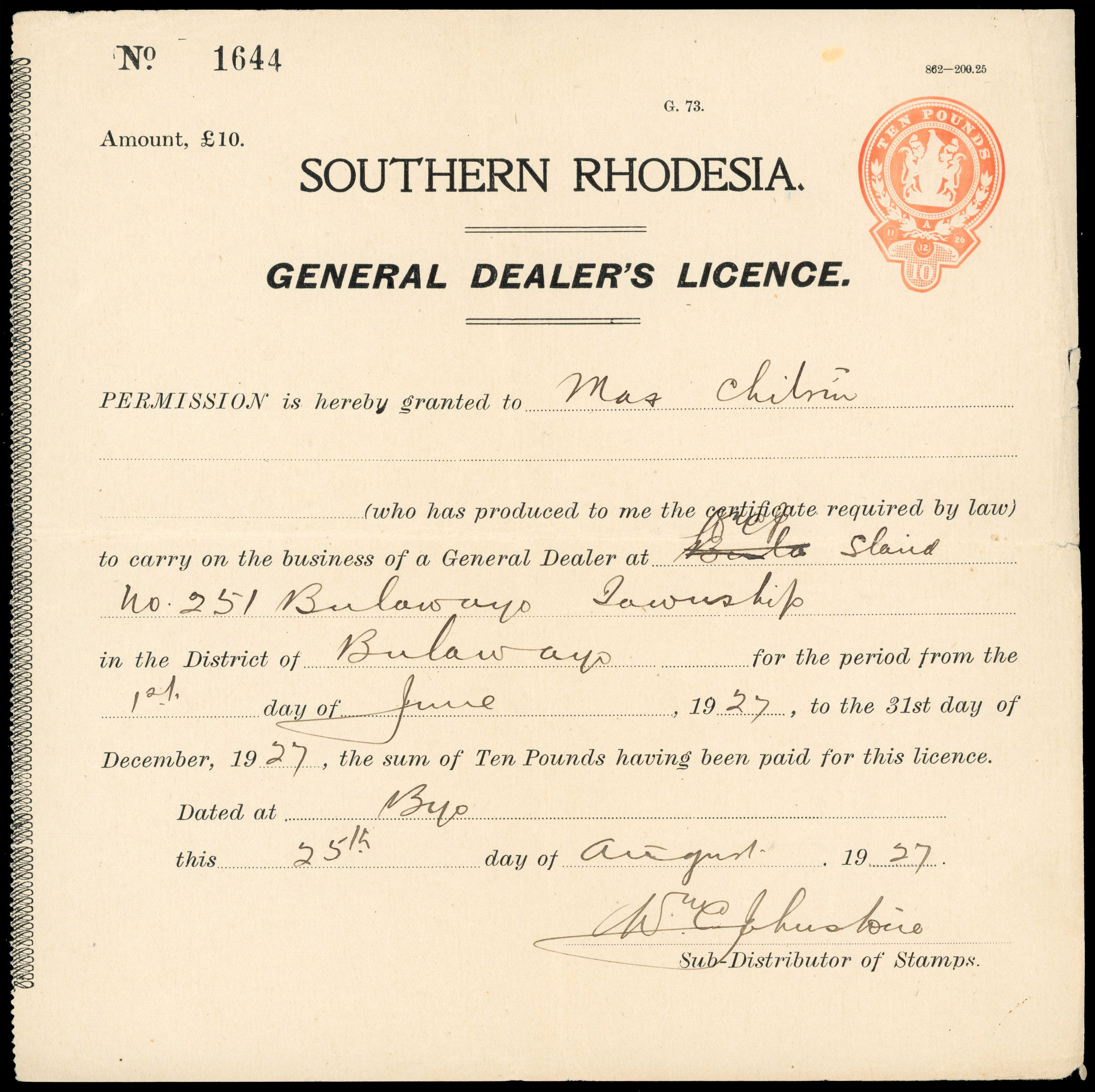 Southern Rhodesia 1932 General Dealer's Licence