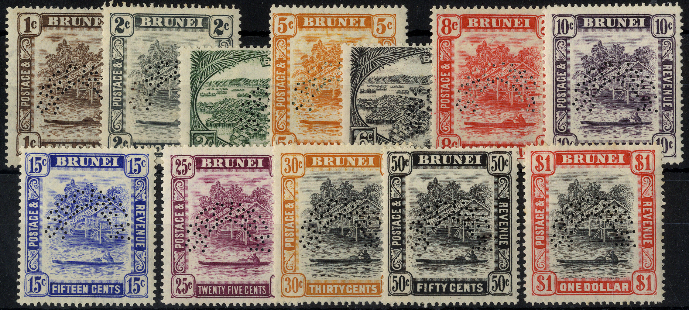 1947 set to $1 (twelve) perforated SPECIMEN Type D21 part to large part o.g, a couple with minor foxed spots. SG...