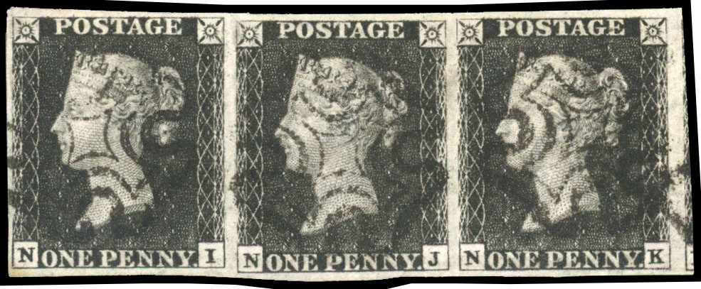 Great Britain 1d black Plate 6 used strip of three SG 2