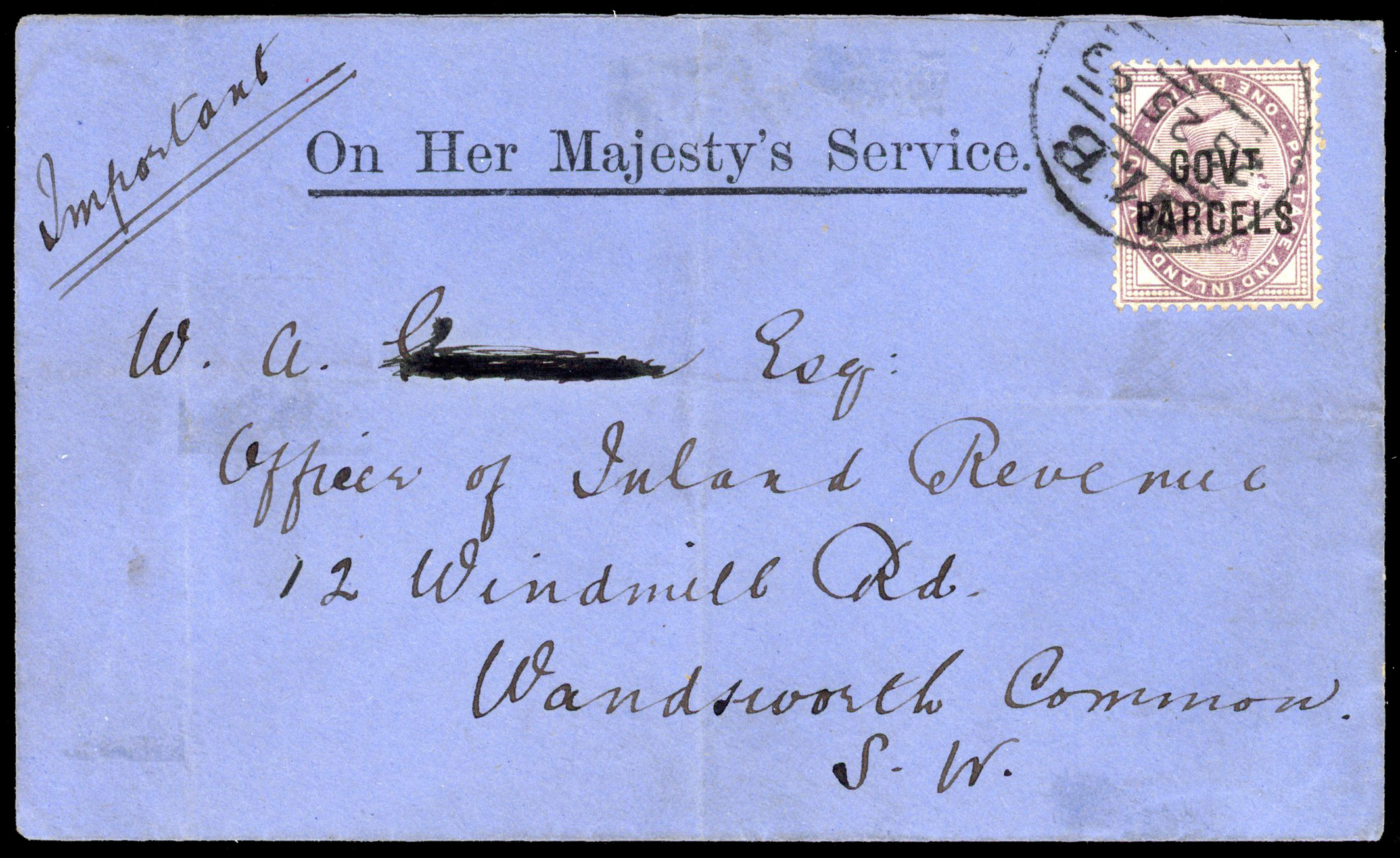 1897 1d Lilac (Govt. Parcels) on cover overprint inverted
