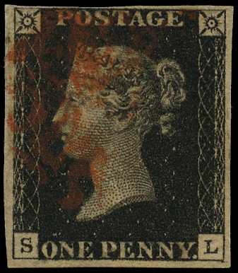 1840 1d black, plate 8 (SL) 4 margins, close...