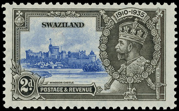 1935 2d ultramarine and grey black Silver Jubilee, showing Plate 1, R. 9/1 extra flagstaff variety, large part o.g. SG 22a...