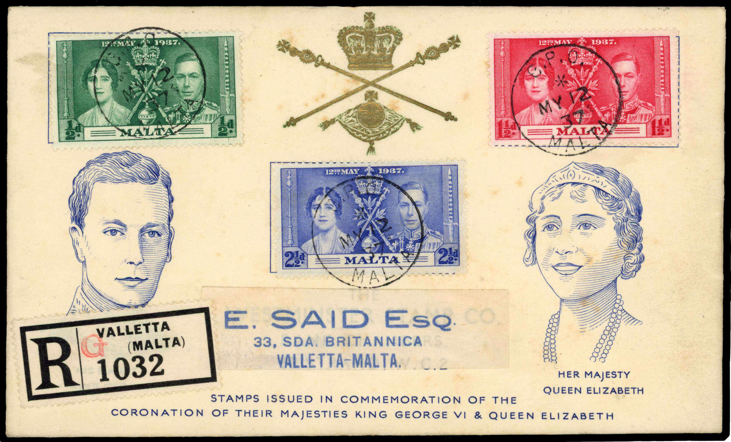 Malta 1937 Coronation 1½d brown-lake rare shade on souvenir cover