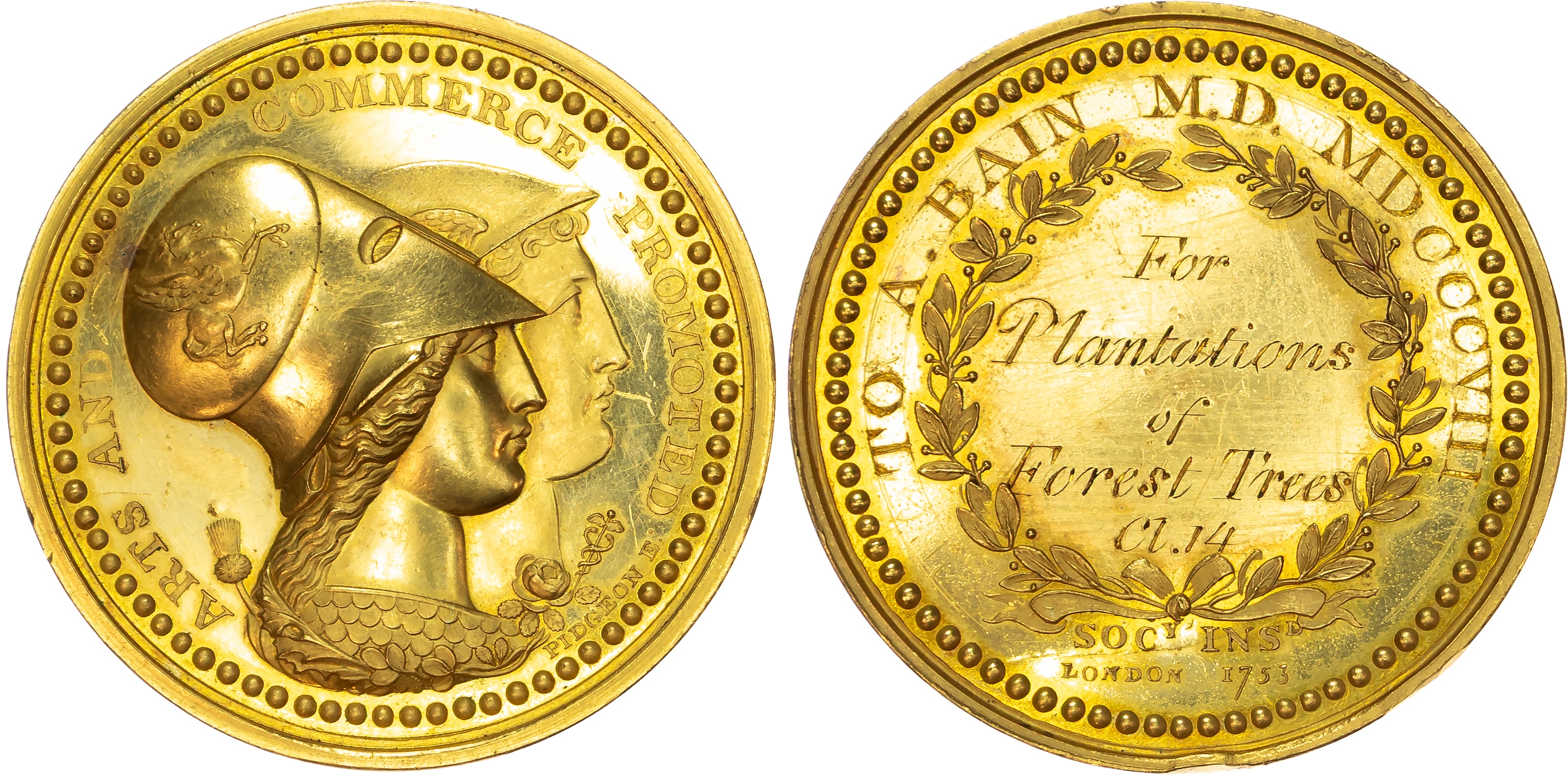 George III 1760-1820, Society of Arts (Inst. 1753) Gold Prize 1808, AV award medal (51mm/45.95gm) by G.F. Pidgeon.