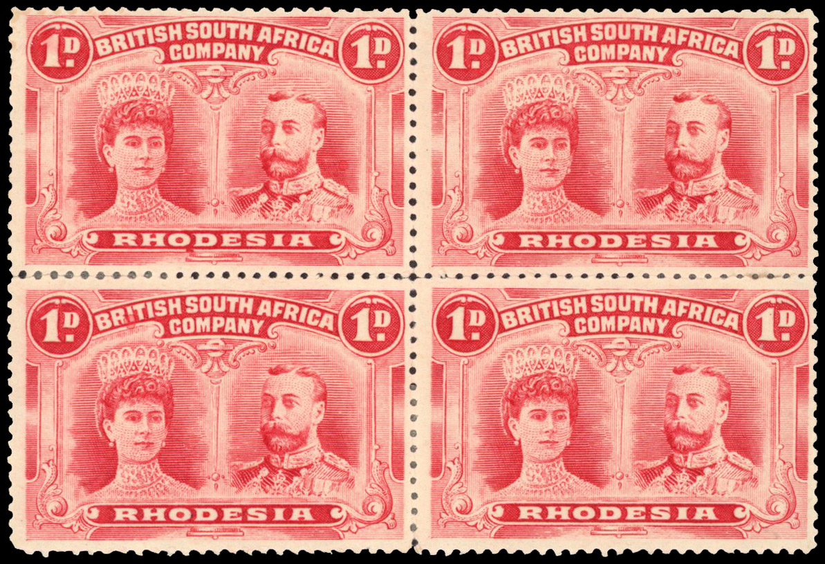 Rhodesia 1910-13 1d bright carmine perf 14 OD flaw