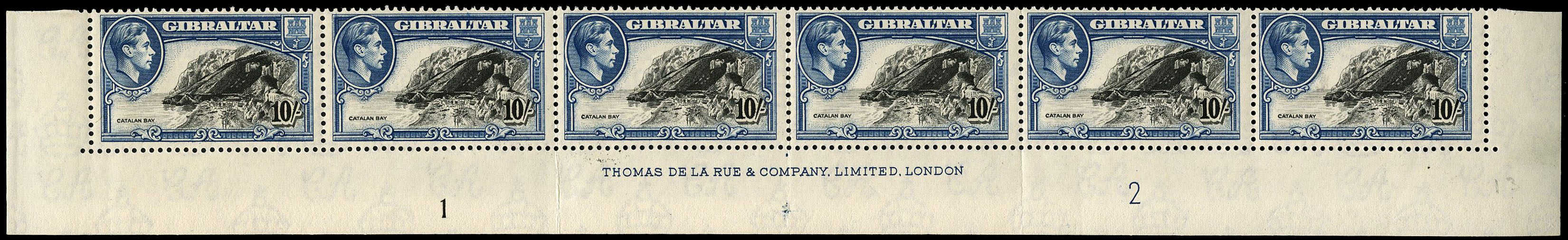 Gibraltar 1943-51 10/- perf 13 strip mint