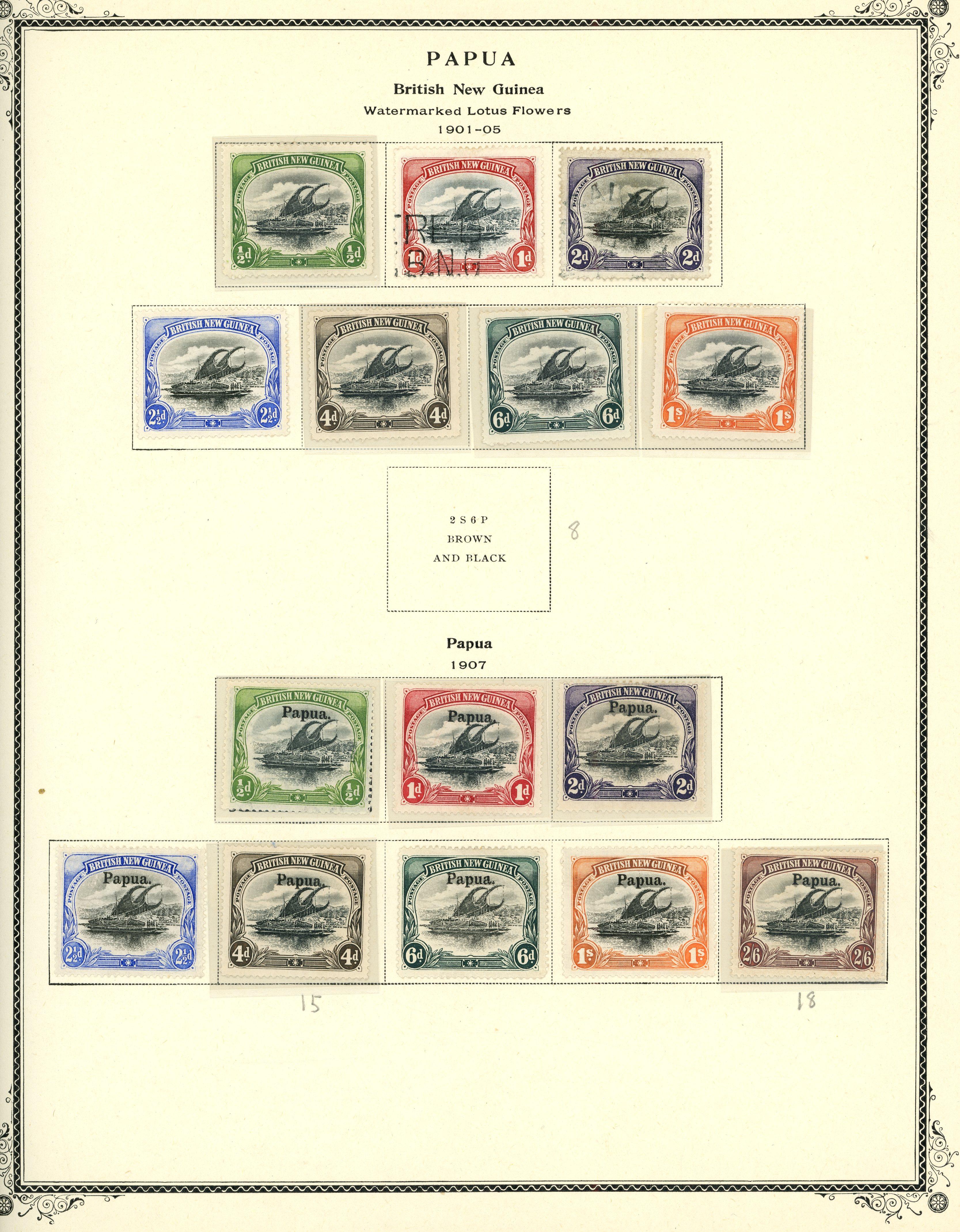 PAPUA: Mainly mint collection on album leaves including 1901 2½d to 1s, 1907 to 2s6d, 1916 2½d to 10s, 