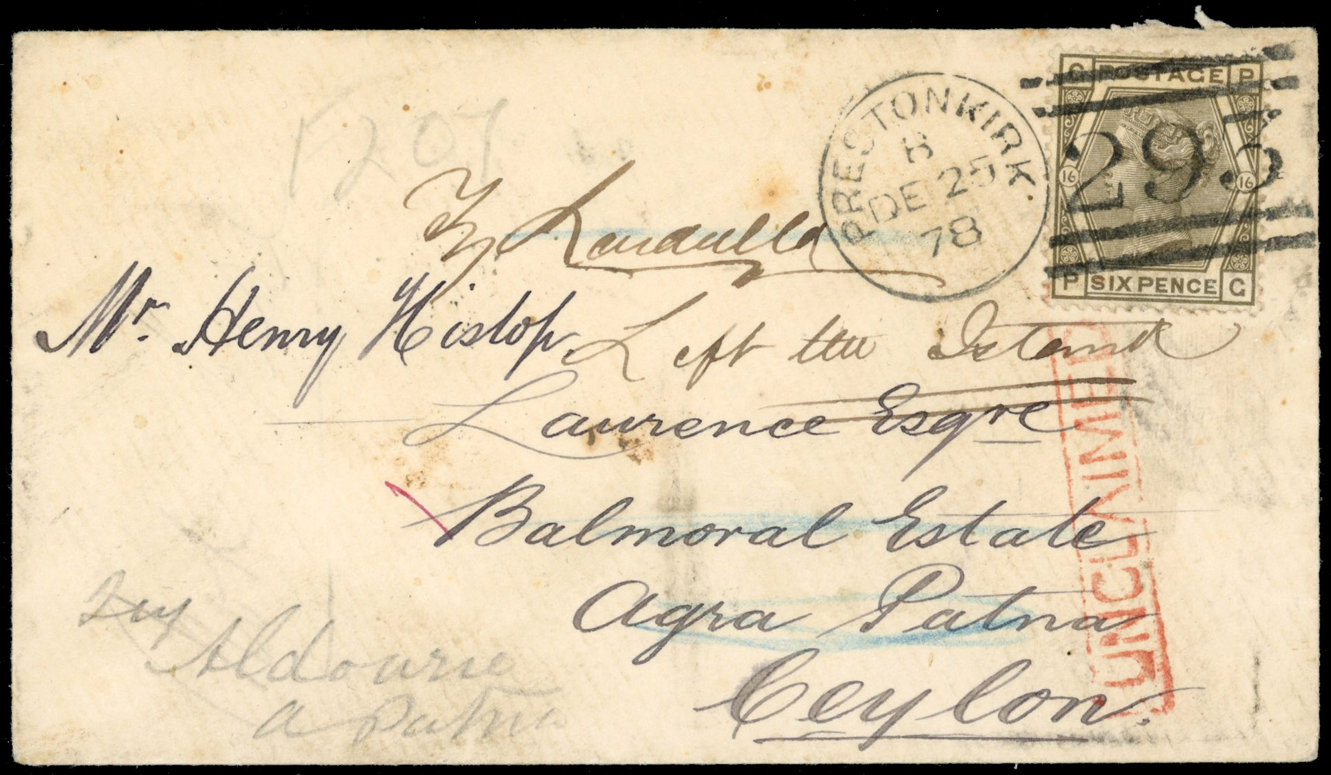 Ceylon 1878 cover from England